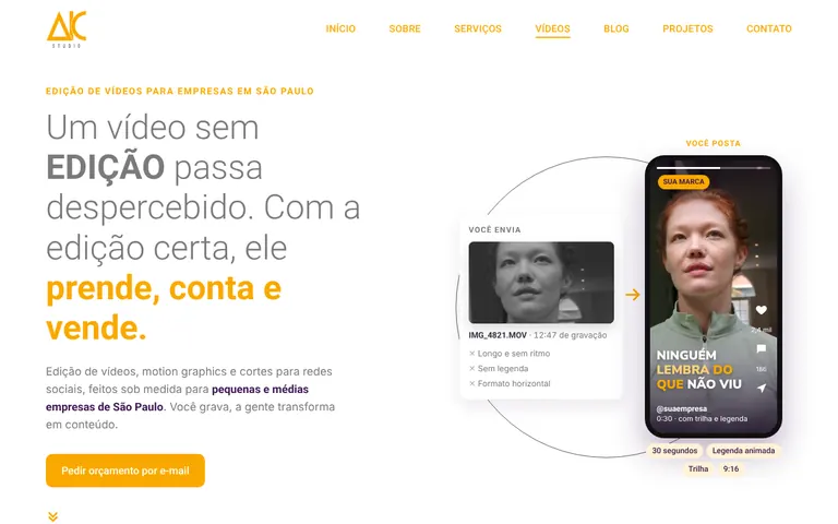 Página de edição de vídeos do site do Studio AiC
